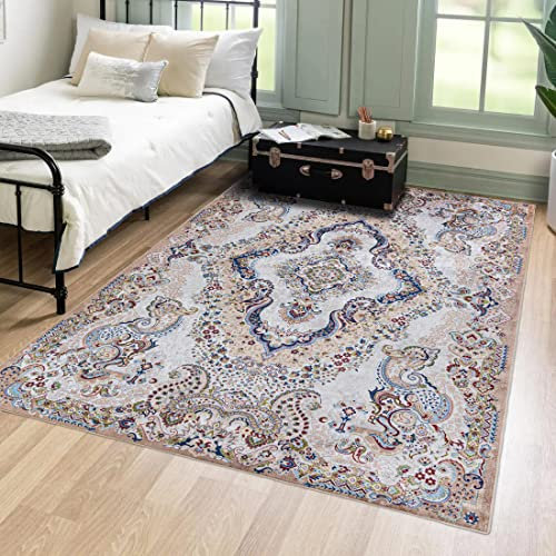 Mazovia Orientalisch Vintage Teppich - Kurzflor Waschbar - Weich Traditioneller Teppich für Wohnzimmer, Schlafzimmer, Esszimmer – Oriental Teppiche - Beige Creme 200 x 300 cm