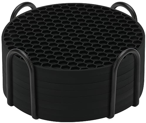 TWTLi Silicone Coasters Set of 8 with Holder,Coasters for Drinks,Beer,Coffee Coasters,Suitable for Kinds Cups,Hot or Cold,Anti-SLI,Non-Stick,Anti-Overflow Tabletop Protection and Decor (8 Pcs, Black)