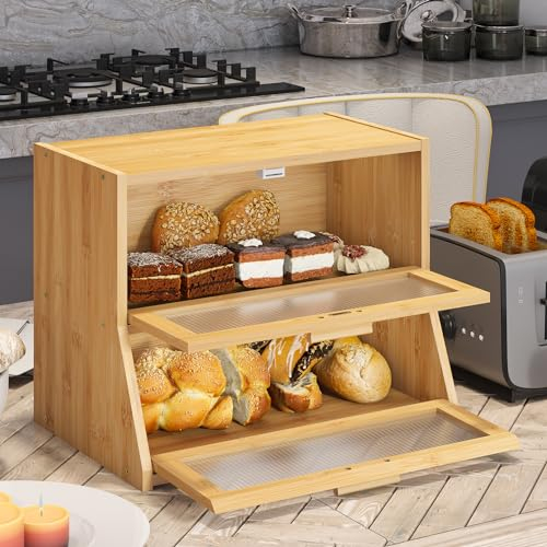 BMOSU Panera grande de bambú de doble capa para encimera de cocina, contenedor de pan de granja con ventana, soporte para pan, capacidad de almacenamiento de pan