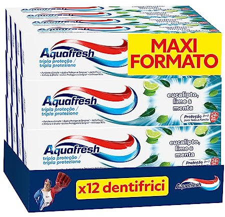 Aquafresh Dreifacher Schutz Zahnpasta für die ganze Familie, gesundes Zahnfleisch, starker Nagellack, frischer Atem, Eukalyptus-Limetten- und Minzgeschmack, 12 x 75 ml Packung