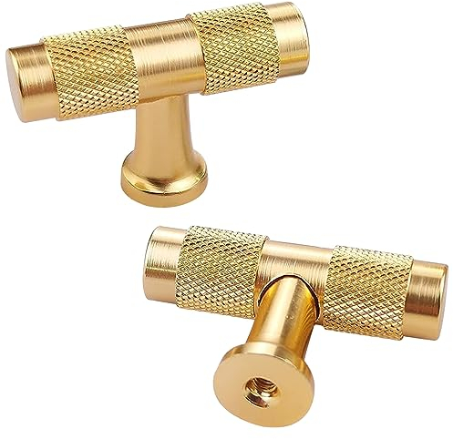 2 Stück Gold Möbelknöpfe Vintage, Gerändelte Schrankknöpfe, Einzelloch-Knauf, Moderne Möbelgriffe Mit Schrauben, Gebürstetes Messing T-Knöpfe Für Schublade, Küchenschränke, Kleiderschrank, Türknöpfe