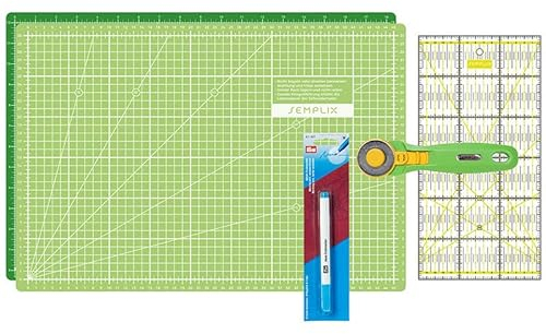 SEMPLIX Schneidematten Set - Schneideunterlage 45 x 30 cm (A3), Rollschneider Maxi, Patchwork Lineal + PRYM Aqua-Trickmarker (Hellgrün/Grün)