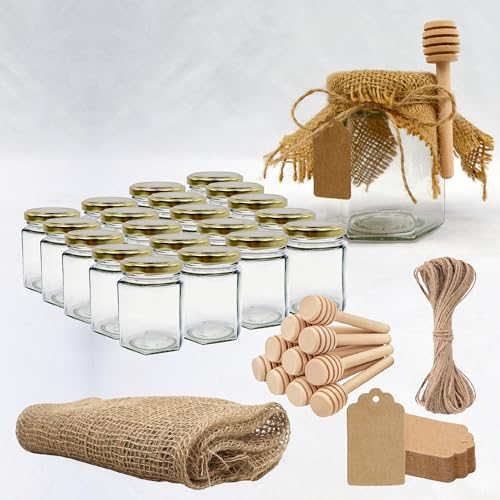 20x Pot de Miel Hexagonal avec Couvercle 180ml + 20x Cuillère de Miel + 20x Bande de Tissu de Jute + 20x Étiquette en Carton Kraft + Ficelle de Jute - Conservation de Miel fait Maison