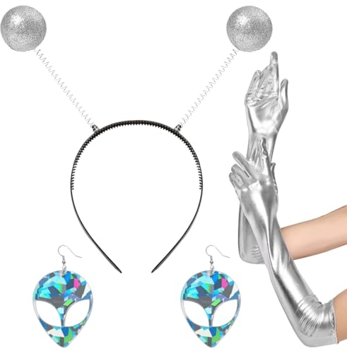 Capaneus Alien Kostümzubehör Set,4 Stück Weltraum kostüm einschließlich Alien Ohrringe,Handschuhe und Alien Antennen Stirnband für Frauen Mädchen Karneval,Maskerade,Cosplay Kostüm Verkleiden Zubehör