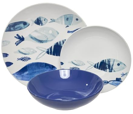 VAJILLA PORCELANA GRES MORDERNA CALIDAD 6 PERSONAS (18 PIEZAS) PECES BLANCO AZUL