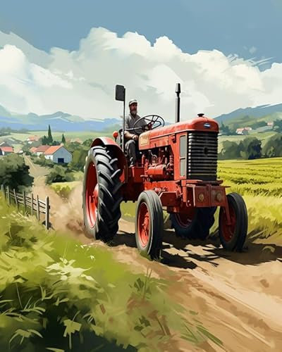 PIPISKY Peinture par numéro pour adultes,Pays Farmland Tracteur Ferme Voiture,Perfection de la palette:ensembles de peinture par numéros personnalisables,40x50cm,Sans cadre