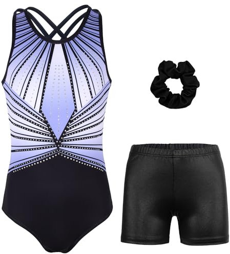 MODAFANS Gymnastikanzug für Mädchen, glitzernde Ballett-Tanz-Einteiler, Biketards, Tumbling-Shorts, Sportbekleidung, Bläulich-schwarzes Diamant-Set, 8-9 Jahre