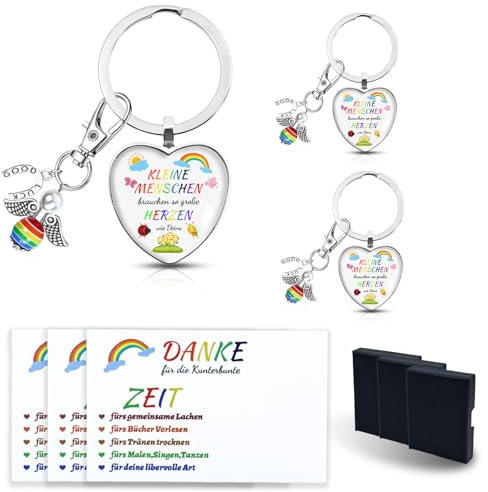 LIHIQIYA Abschiedsgeschenk Erzieherin Kleine Menschen Brauchen so große Herzen wie Deins Geschenk Schlüsselanhänger mit Perlenengel Grußkarten Geschenk für Tagesmutter Kita Kindergarten