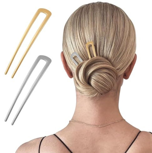 FKWKUW 2 Pièces En Forme De U Épingle À Cheveux Style Français Pince À Cheveux En Métal Vintage Épingle Broches Chignon Épingles À Cheveux Accessoires De Coiffure Pour Femmes Filles Dame (Or, Argent)