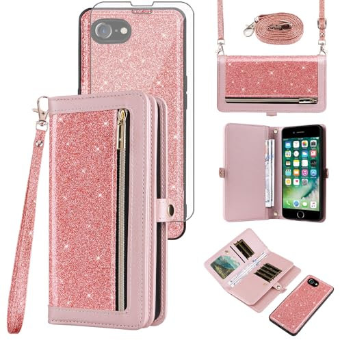 Asuwish Phone Case for iPhone 7/8/SE 2020/2022 Zipper Wallet Cell Cover with Screen Protector Strap Bling Glitter Flip iPhone7 iPhone8 7s 8s i SE2020 SE2022 2/2nd/3/3rd Generation SE2 SE3 7SE 8SE Pink