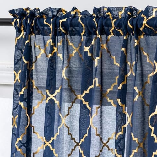 Navy and Gold Curtains 90 Drop Geometirc Tile Foil Printed Net Curtains for Living Room Patio door 90 inch Drop Curtains for Boys Bedroom 52 x 90 Inch(132cm Width x 229cm Drop)Navy Blue 1 Pair
