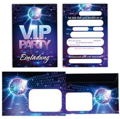 Minkocards 12 Einladungskarten incl. 12 Umschläge zum Geburtstag Kindergeburtstag VIP Disco Jungen Mädchen Jungendliche Erwachsene Einladung Geburtstagseinladungen