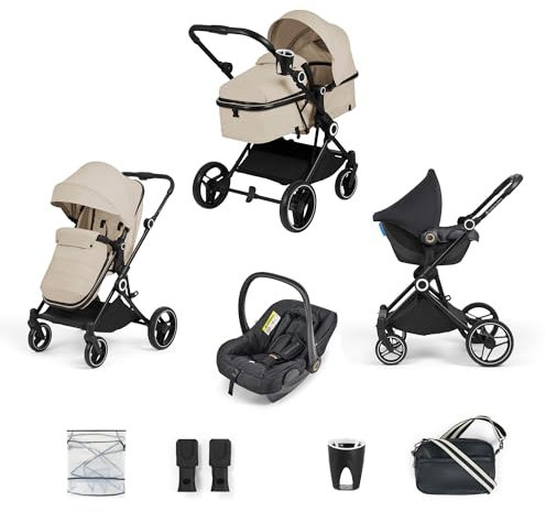 Ickle Bubba Atom 8 Piece Travel System with Astral Car Seat – Lightweight Compact Pram from Birth to 22kg, Convertible Lie-Flat Seat, Includes Changing Bag, Rain Cover & Cup Holder (Stone)