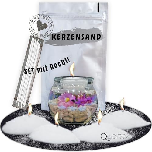 Kerzensand mit Docht SET 250g Wachsgranulat weiß unbeduftet DIY | Hohwertige Kerzenwachs - Wachs Kerzen Sand, Rußarm, lange Brenndauer, wiederverwendbar, gleichmäßige Flamme - Wachsperlen