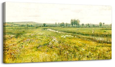 hyidecorart Vintage Leinwand Bilder, 50x100 cm Groß Wandbilder Wohnzimmer Wiesen am Bach Bild Aesthetic, Gänse Tier Wanddeko Schlafzimmer Gemälde Badezimmer Kunst Büro Zimmer Esszimmer