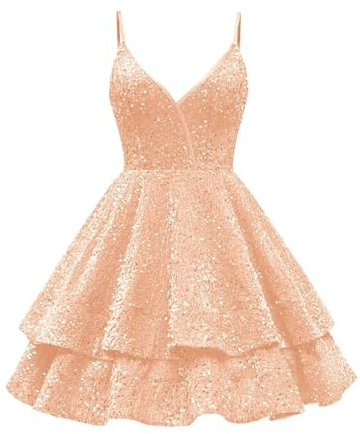 KURFACE Robe de bal courte à paillettes scintillantes pour adolescentes, longueur genou, longueur genou, rose gold, 48 Grande taille