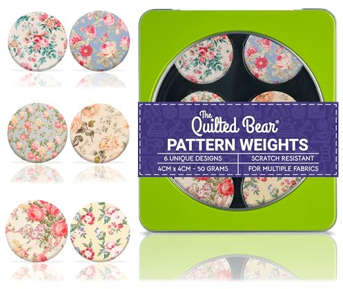 The Quilted Bear Fabric & Paper Pattern Weight Set, Floral | 6 Unique Designs with Storage Box, Pin-Free Pattern Cutting, Fabric Safe, Scratch Resistant, 4cm, 50g, for Sewing & Quilting