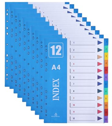 AMO HERMOSO 10 Pack 12 Part File Dividers A4 for Lever Arch Files Ring Binders, Plastic Multi-Coloured, 1-12 Index Sections 10Pack