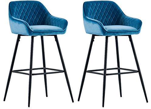 JYMTOM Samt Barhocker, 2er-Set, Bistrohocker mit stoffgepolsterter Sitz, Rückenlehne, Armlehne und Metallbeine, Bistrohocker für Esszimmer und die Frühstückstheke in der Küche (2, Teal)