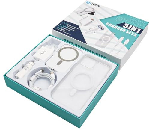 Cargador genérico 5 en 1 MagSafe compatible con iPhone 15, cargador rápido inalámbrico de 15 W, adaptador de corriente 20 W, cargador de coche de 17 W, cable USB-C 1M,