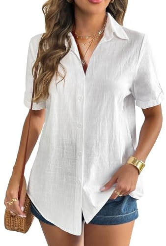 Heersan Women Cotton Blouse Summer Tops Short Sleeve Button Down Shirt Casual Shirts Office Work Tops for Ladies UK White