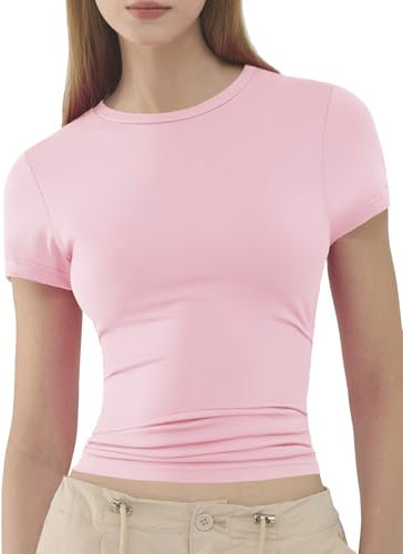 ARCFEETORY Donne di Base a Manica Corta Magliette Slim Fit Morbido Girocollo Crop Y2K t-Shirt Estate Elasticizzato Tops Carino Rosa Chiaro S