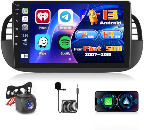 Inefala Android 15 Radio para Fiat 500 2+64G con Wireless Carplay y Android Auto, 9'' Radio Pantalla Táctil Estéreo con Bluetooth 26UI EQ GPS FM/RDS SWC AHD Cámara Inversa (Oscuro)