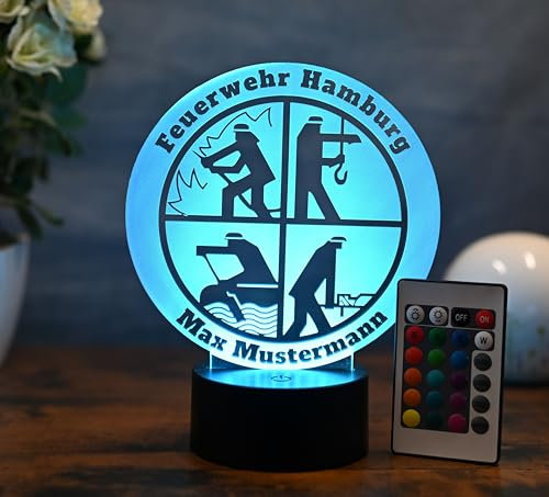 Personalisierte Feuerwehrmann LED Lampe – Geschenk für Feuerwehrmänner & -frauen – Nachtlicht mit Name – LED Tischlampe mit Gravur – Feuerwehr Deko zum Geburtstag