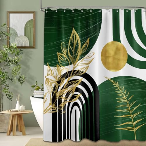 LanZanthic Dark Green Boho Shower Curtains for Bathroom Green and Gold Abstract Mid Century Modern Wet Room Shower Curtain with hooks, Mould Proof Resistant, Waterproof, Washable, Fabric, 180 x 180 cm