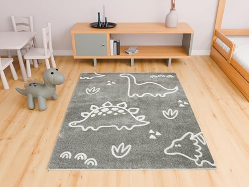 AKCILA Kinderteppich Lima rechteckig 120x170 cm, Cartoon Dinosaurier in Grau, Kurzflorteppiche fürs Kinderzimmer, Teppich für Jungen, Mädchen, Spielteppich, Kinderteppich