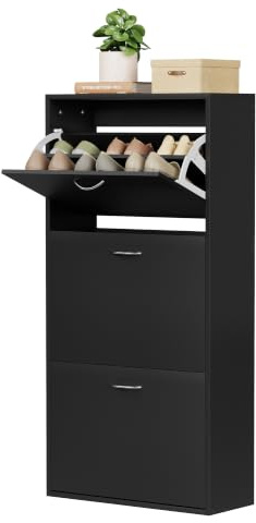 WOLTU Zapatero de Entrada, Armario de Zapatos con 3 Puertas Abatibles, Zapatero Estrecho de Recibidor Pasillo Salon, Estantes Ajustables, Capacidad 14-18 Pares, 58x23x118 cm, Negro