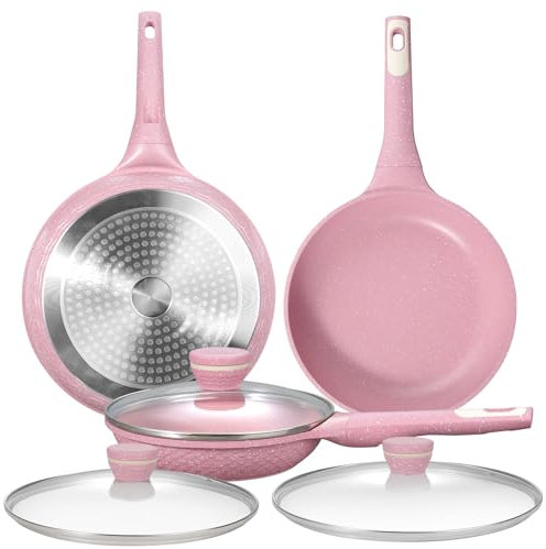 DYGG Pfannenset 6-teilig Antihaft Granit 20+26+28 cm Pink, CO2-reduziert & 100% PFAS/PFOA-frei, Induktionstauglich für alle Herdplatten, spülmaschinenfest mit Glasdeckel