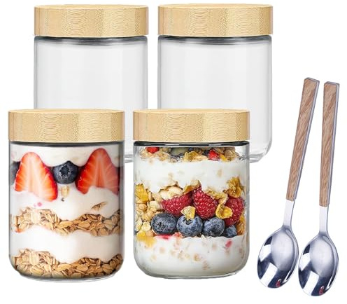 GANILITY Pots pour Overnight Oats, 2 Pieces Bocaux de Conservation en Verre, 500 ml Bocaux de Conservation en Verre avec Cuillère en Acier Inoxydable, pour les Grains de Café, L'avoine