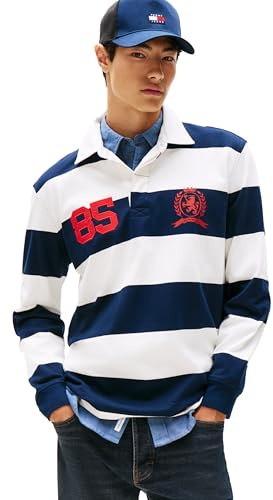 Tommy Jeans Gestreiftes leichtes Rugby-Poloshirt für Herren mit Wappen-Logo, Dark Night Navy Stripe, L
