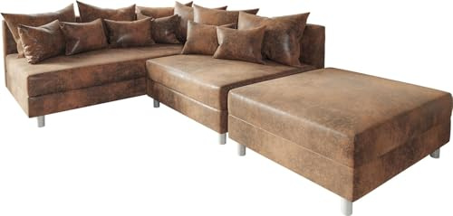 DELIFE Eckcouch Clovis Braun Antik Optik mit Hocker Ottomane Links Ecksofa modular