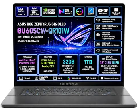 ASUS ROG Zephyrus G16 OLED GU605CW 16 2560 * 1600 240 HZ, CORE ULTRA 9 285H, 32GB DDR5, SSD 1TB NVME, e RTX 5080 16 GB GDDR7, tast.retroilluminata, WEBCAM IR, WIFI 7, WINDOWS 11