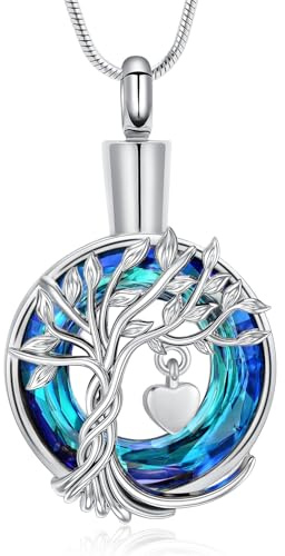 Rstnxnnl Collier urne funéraire arbre de vie avec mini cœur pour cendres, pendentif souvenir pour femme, cadeau avec entonnoir et sac