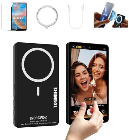 Shimbl CP5 Ultra Schwarz 5 FHD Touchscreen Drahtloser Telefonmonitor für Vlogs & Selfies | Magnetische Snap-On, Eingebauter Lautsprecher, Umkehrsteuerung, Kompatibel mit iPhone 13-17/Pro Max/Plus