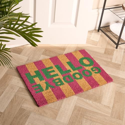 OHS Door Mat Indoor Outdoor Hello Goodbye Print, Washable Coir Door Mats Non Slip Stylish Dirt Trapper Doormats Heavy Duty Welcome Mat Front Doors Entrance Rug, Green/Pink - 40 x 60cm