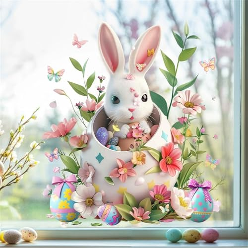 Ostern Fensteraufkleber Selbstklebend – Wiederverwendbare Fensterbilder mit Hasen & Ostereiern | Doppelseitige PVC Oster-Fenstersticker für Kinderzimmer, Osterdeko (G)