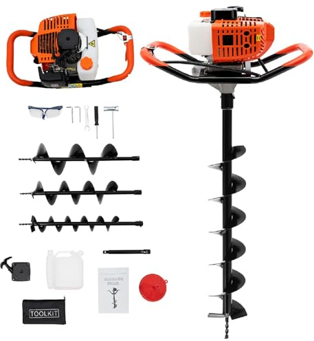 Post Hole Digger, 52CC 1700W Auger Post Hole Digger, Heavy Duty Gas Powered Earth Digger with 4 6 8 Earth Auger Drill Bit and and Extension Rods, for Farmland, Garden and Plant