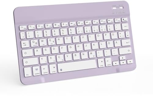 JKSML Tragbare Kabellose Bluetooth Tastatur, Deutsche QWERTZ Layout | für iPad Air/Pro/Mini/iPad 11/10,9/10,5/10,2/9,7 Zoll/iPhone, Tablet, Android, Smartphones, Ultradünn Slim - Lila