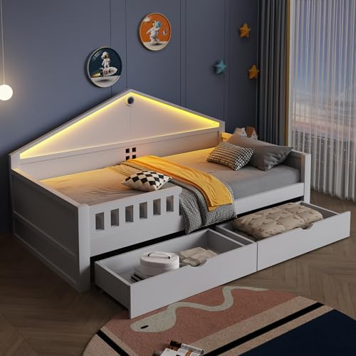 Lcoho Kinderbett 90×200 cm, mit Lichtleiste, Schubladen, Lattenrost, Einzelbett, Jugendbett (weiß)