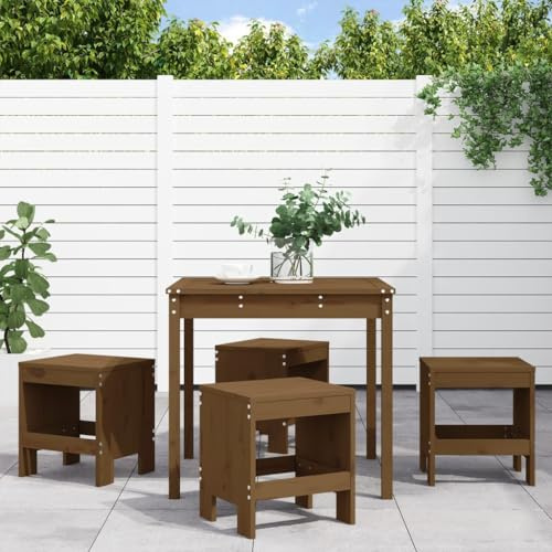 JHQHSM 5-TLG. Garten-Essgruppe Honigbraun Massivholz Kiefer mit Tisch und Hockern für Terrasse Balkon Gartenmöbel Diese robuste Essgruppe aus massivem Kiefernholz in Honigbraun