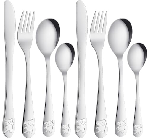 AUAUY 8 Stück Besteck Edelstahl, Bärenmuster Gravur, Polieren, Gegen Ros | Edelstahl Löffel Gabel Set, Gegen Ros, Polieren, 2 Gabeln, 2 Sicherheitsmesser, 2 Suppenlöffel, 2 Löffel, für Mädchen Jungen