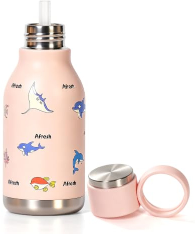 pluseight Kids Insulated Water Bottle with Straw, 450ml/15oz BPA-Free Double Wall Vacuum Tumbler 18/8 Stainless Steel Leak Proof Kids Cups for School Travel Boys Girls (Pink Ocean)