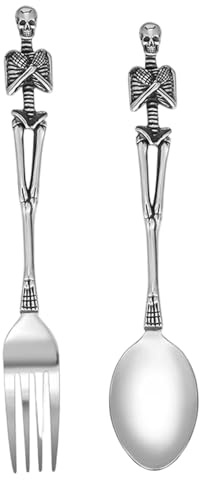 Totenkopf-Besteck-Set, 2-teilig, Edelstahl, Halloween-Gabel, Löffel, Gothic-Geschirr für die Heimparty