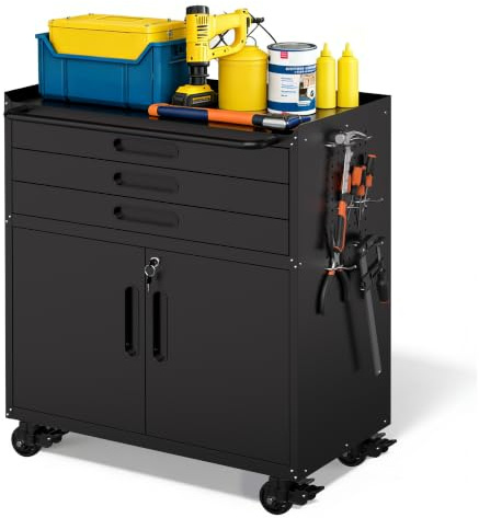 BIZOEIRON Metal Garage Storage Cabinet with Wheels, Rolling Tool Cabinet with 3 Drawers and 2 Doors, Heavy Duty Tool Cabinet with Workbench, Assembly Required, Black