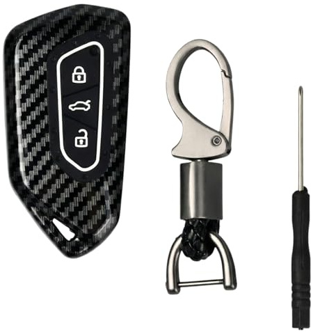 Coque Clé de Voiture, Housse Clé en Design Carbone, Etui Clef pour VW Golf 8/GTE/GTI/ID.3/ID.4, pour Seat Leon MK4/Tarraco/Ateca, pour Skoda Octavia/Cupra Formentor avec Porte-Clé