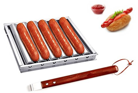 Hot Dog Wurstwalze / Dampfgarer aus Edelstahl, mit extra langem Holzgriff, Grillzubehör, 5 Abschnitte, Holzkohlegrill